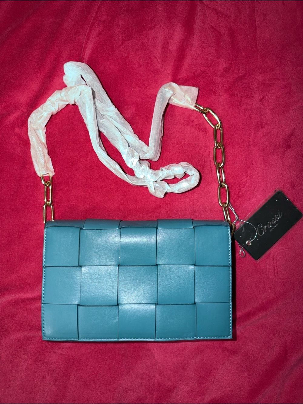 Crossbody Woven Leather Shoulder Bag in Teal with Gold Chain
